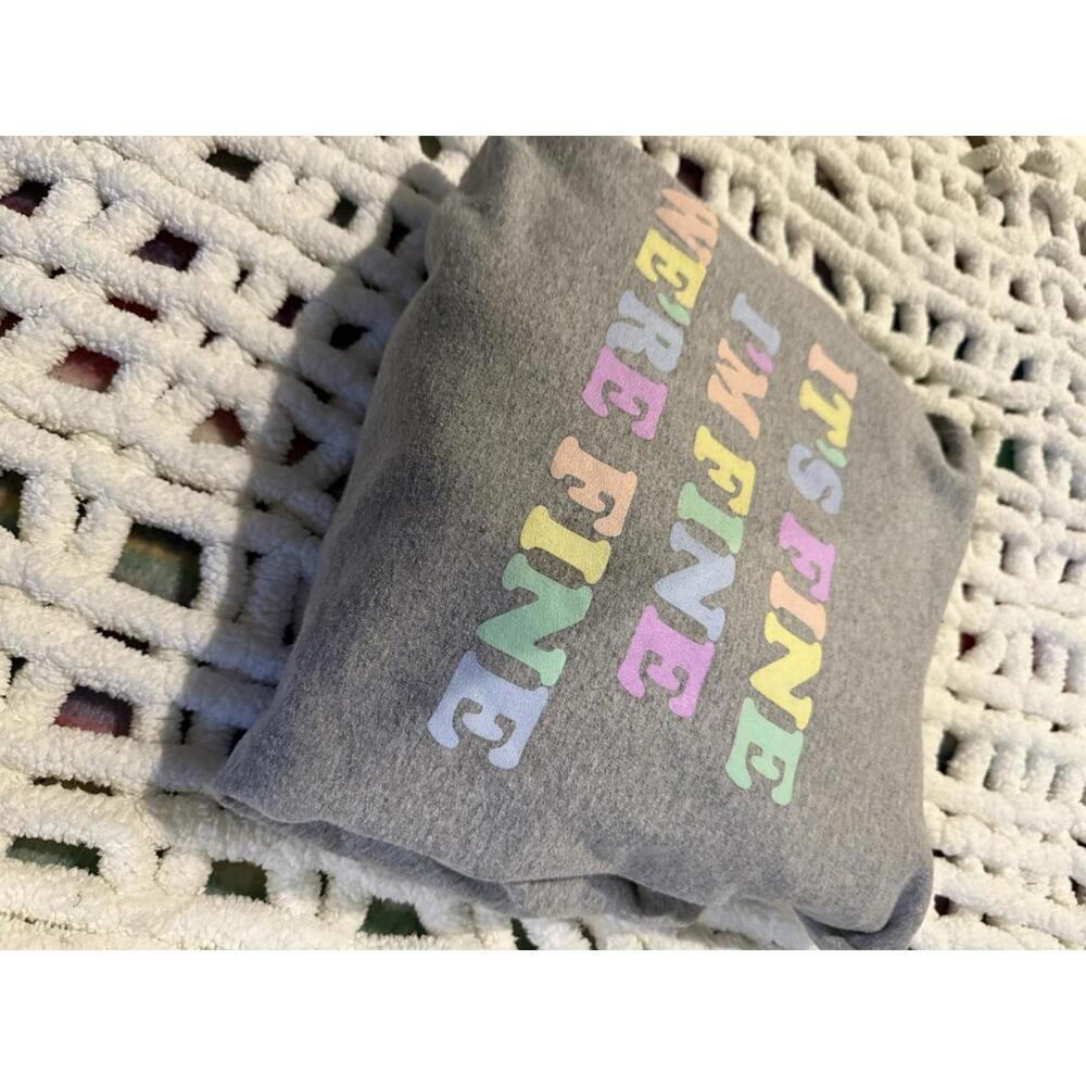 Women’s Unisex Fleece Hoodie Pullover Graphic I’m Fine Colorful Grey Large